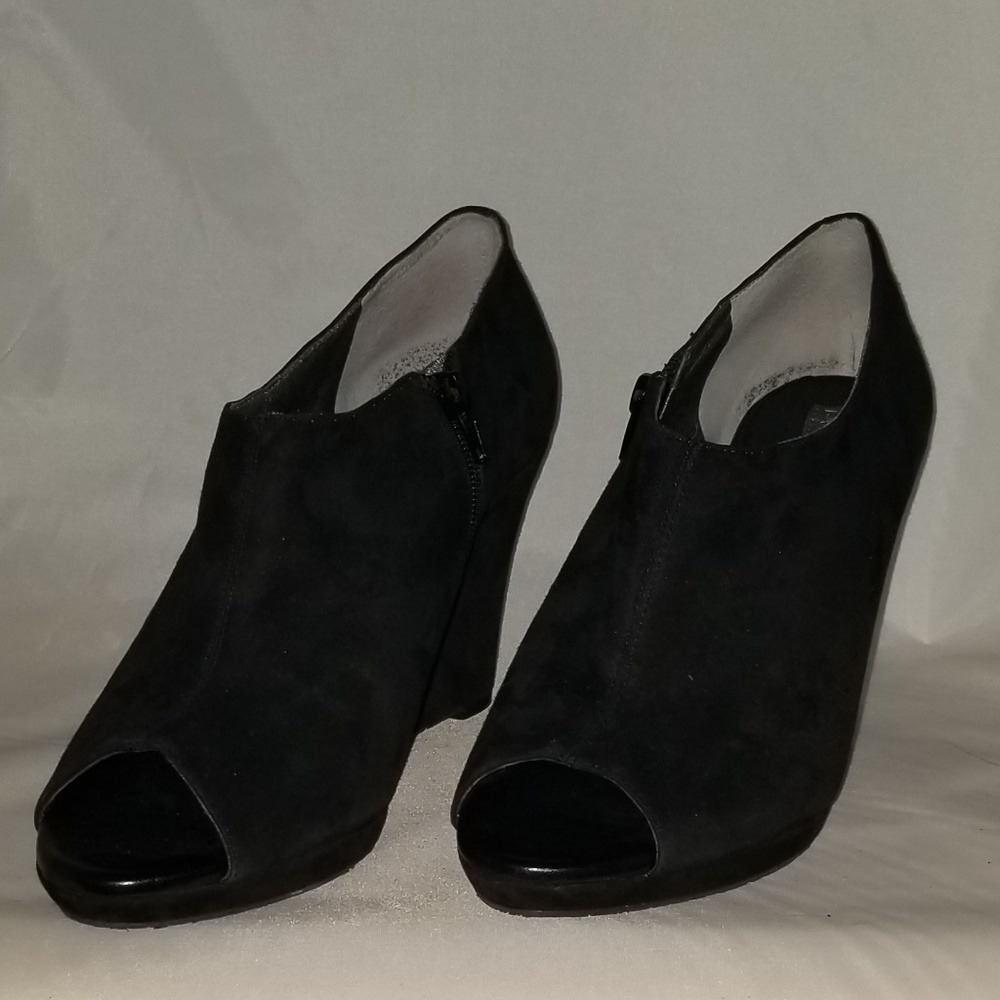 Black suede open toe booties